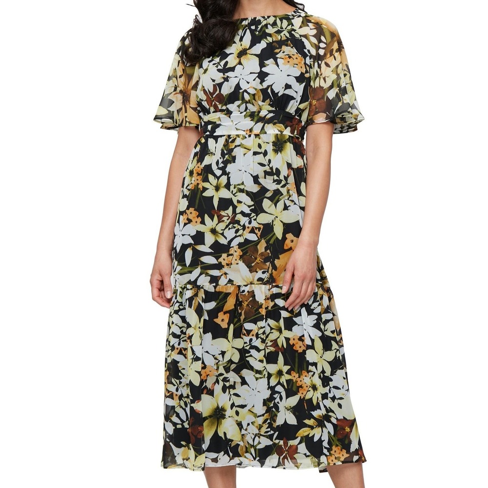 SL Fashions New York Flutter Sleeve A Line Floral Midi Black Dress Womens 16 NWT
